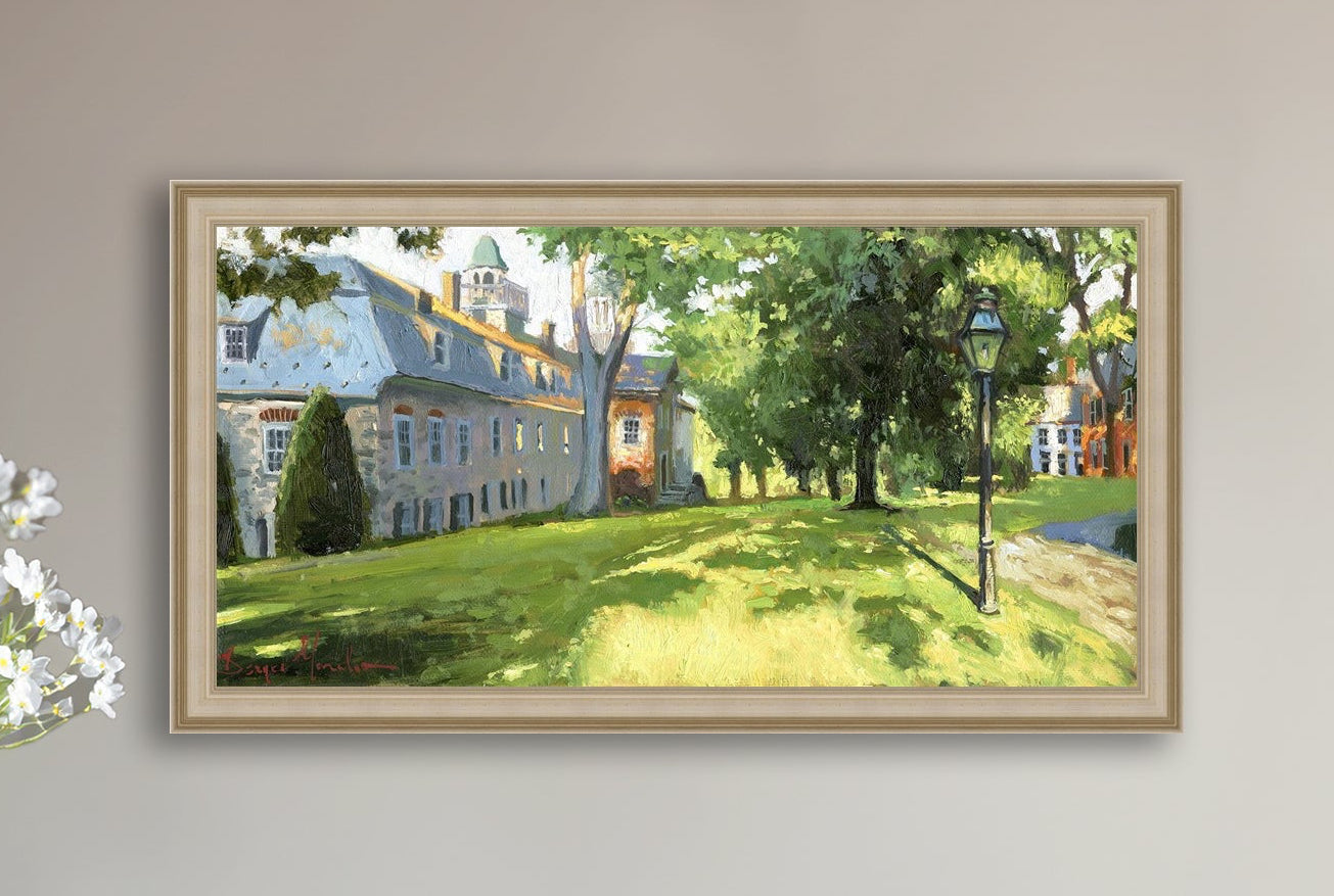 Painting of a sunlit Moravian Chapel with a lamp post and trees.