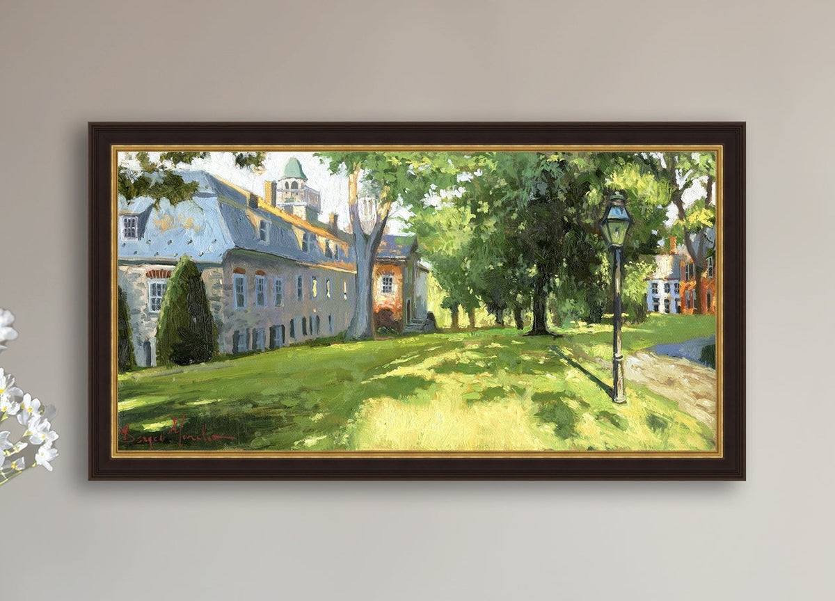 Painting of a sunlit Moravian Chapel with a lamp post and trees.