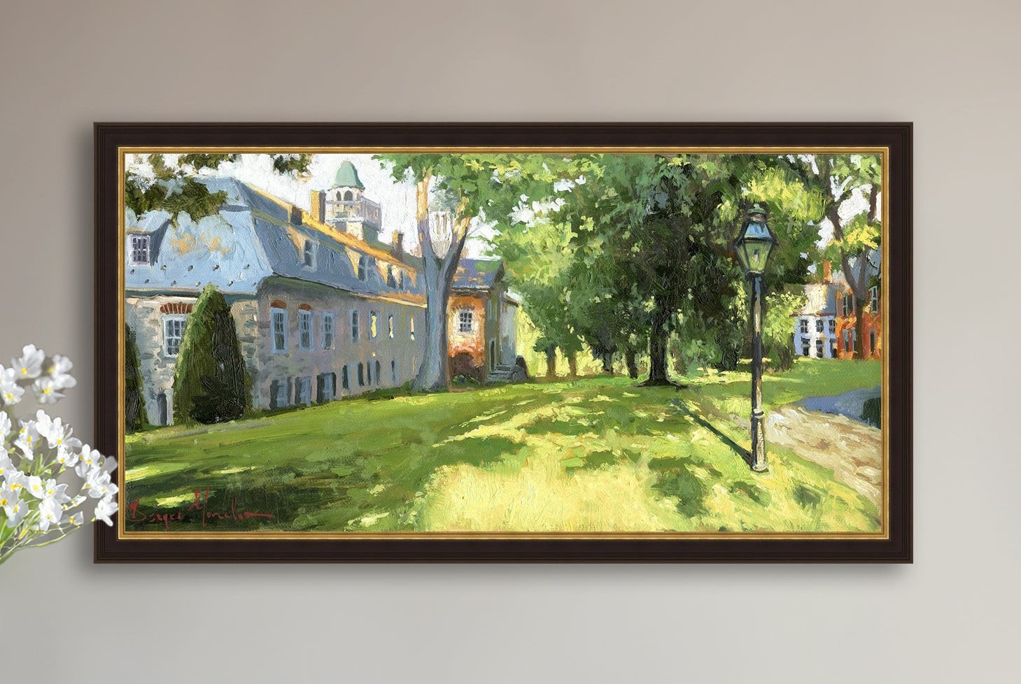 Painting of a sunlit Moravian Chapel with a lamp post and trees.
