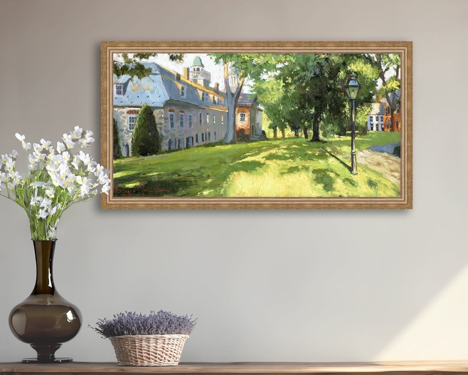 Painting of a sunlit Moravian Chapel with a lamp post and trees.