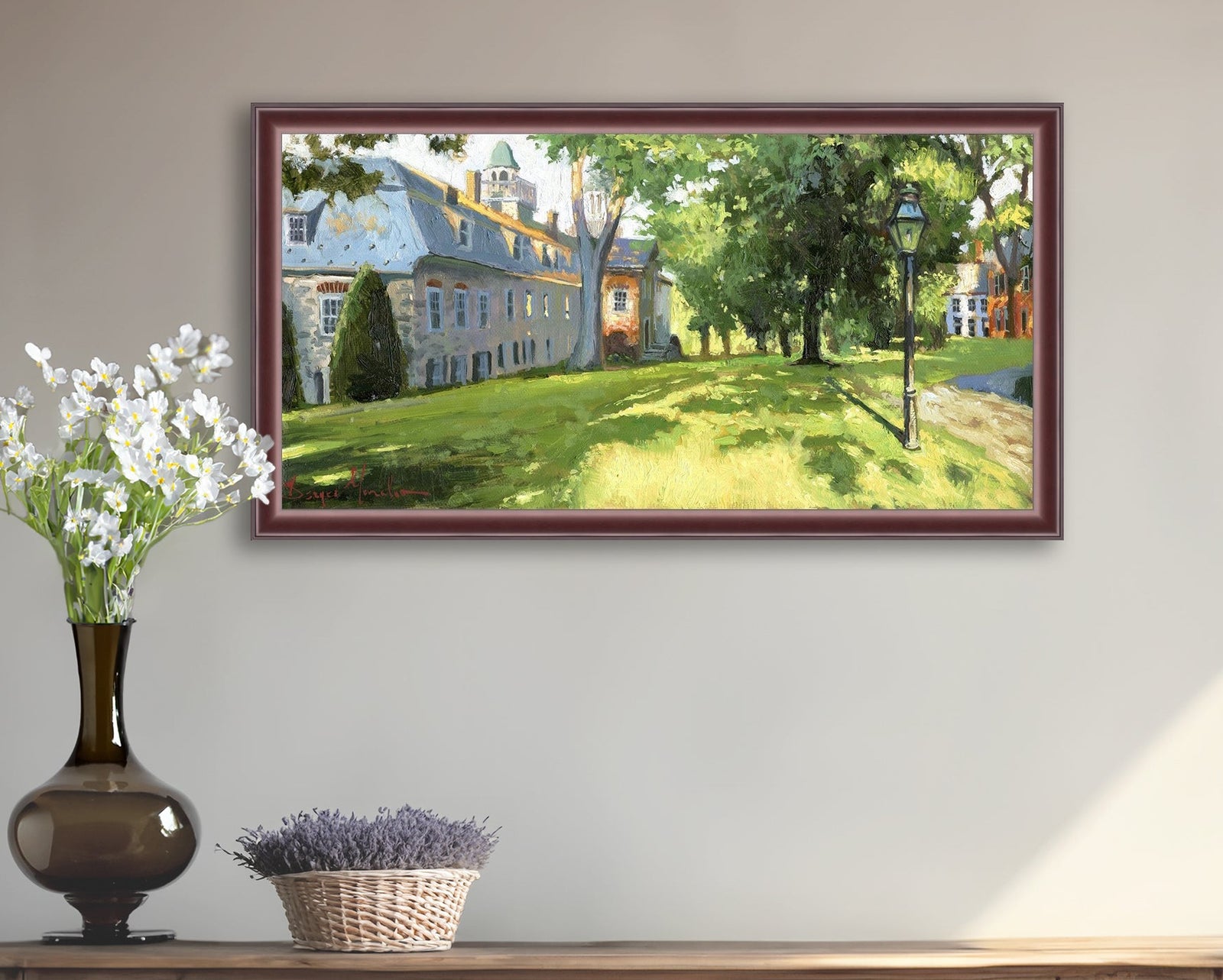 Painting of a sunlit Moravian Chapel with a lamp post and trees.