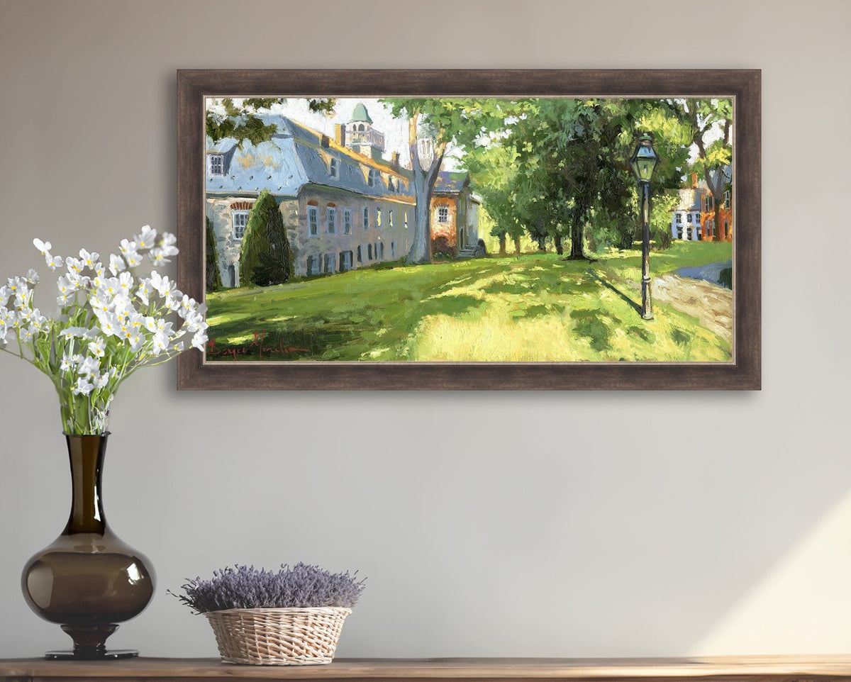 Painting of a sunlit Moravian Chapel with a lamp post and trees.