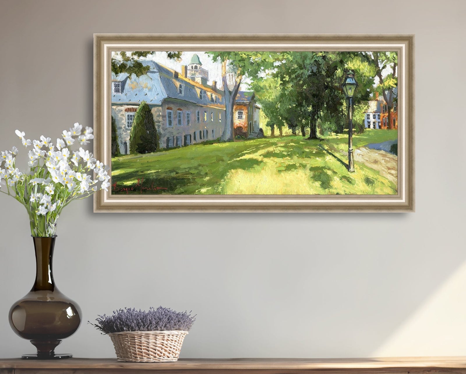 Painting of a sunlit Moravian Chapel with a lamp post and trees.
