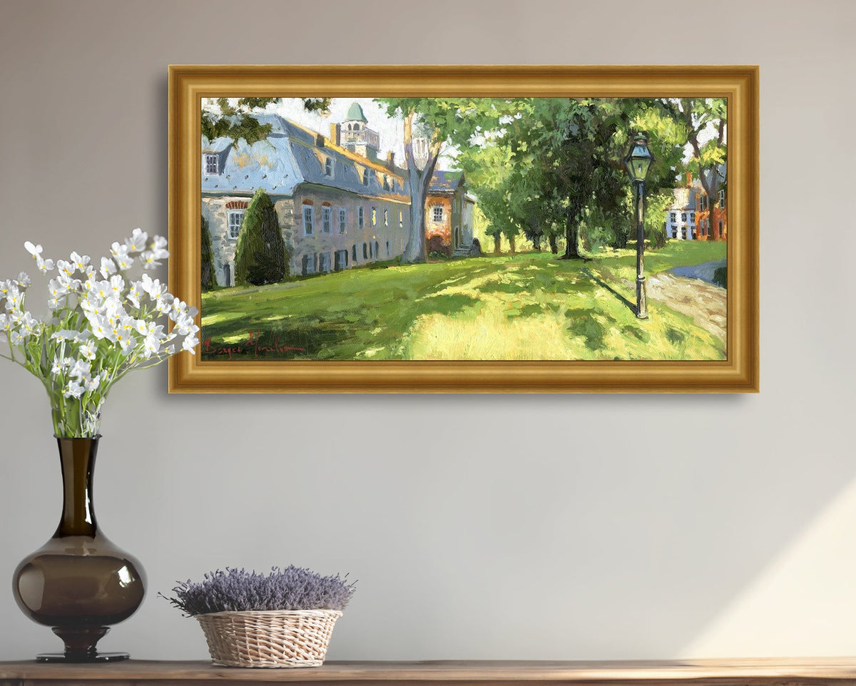 Painting of a sunlit Moravian Chapel with a lamp post and trees.