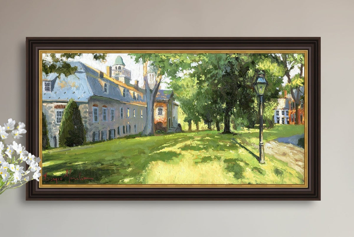 Painting of a sunlit Moravian Chapel with a lamp post and trees.