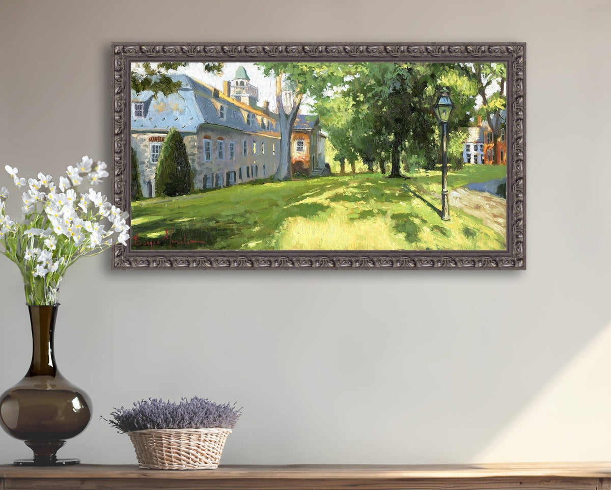 Painting of a sunlit Moravian Chapel with a lamp post and trees.