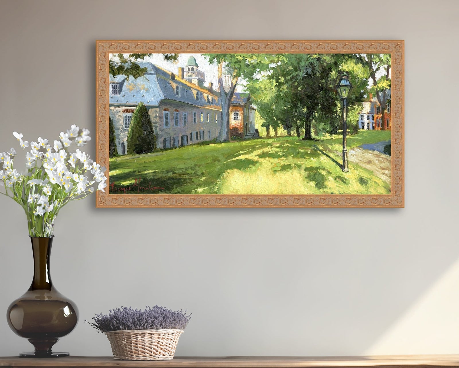 Painting of a sunlit Moravian Chapel with a lamp post and trees.