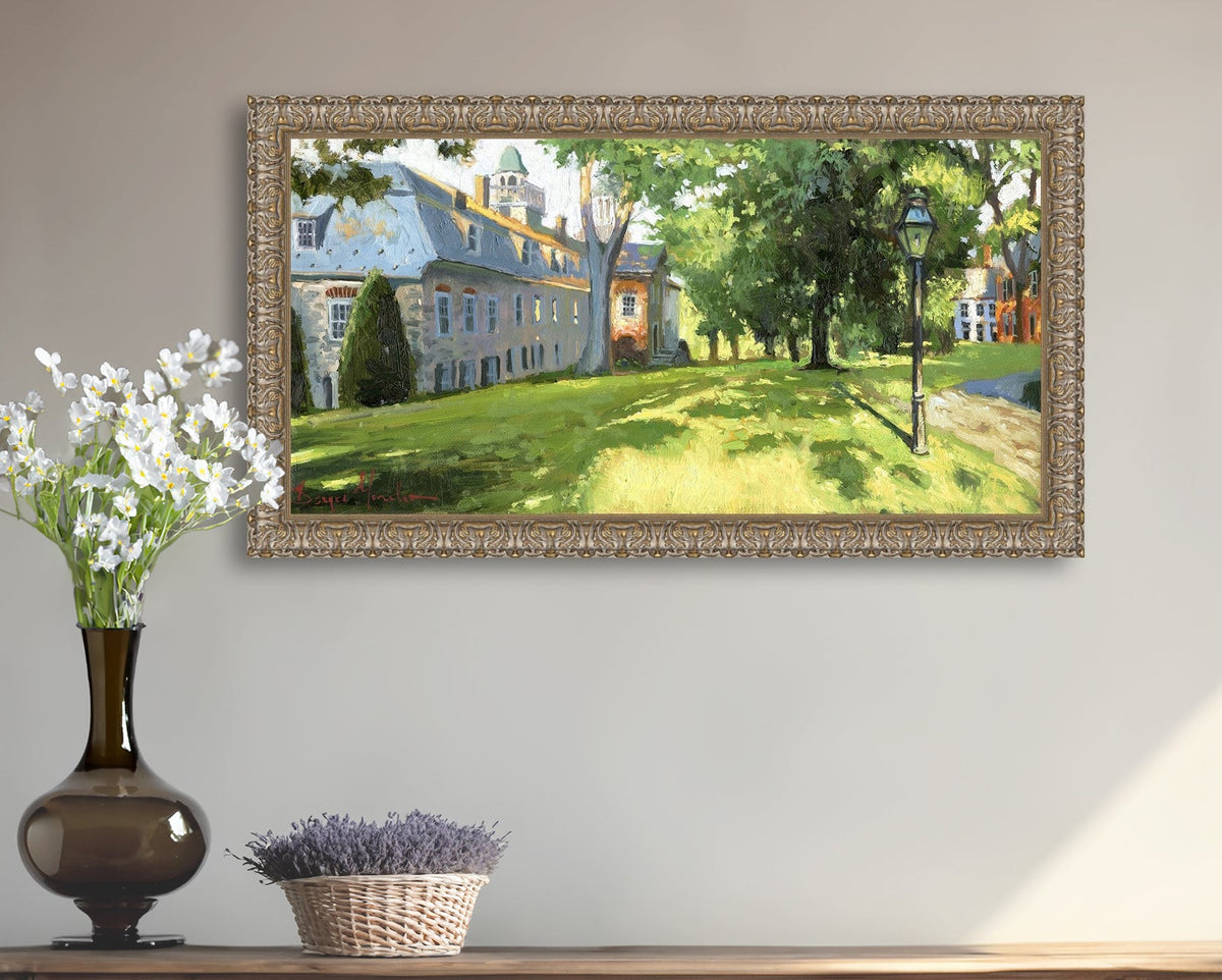 Painting of a sunlit Moravian Chapel with a lamp post and trees.