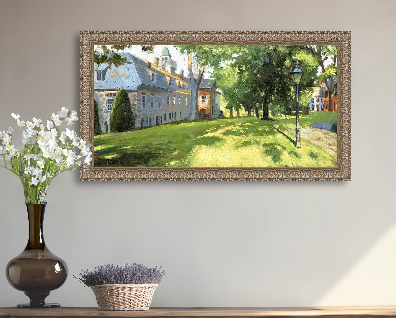 Painting of a sunlit Moravian Chapel with a lamp post and trees.