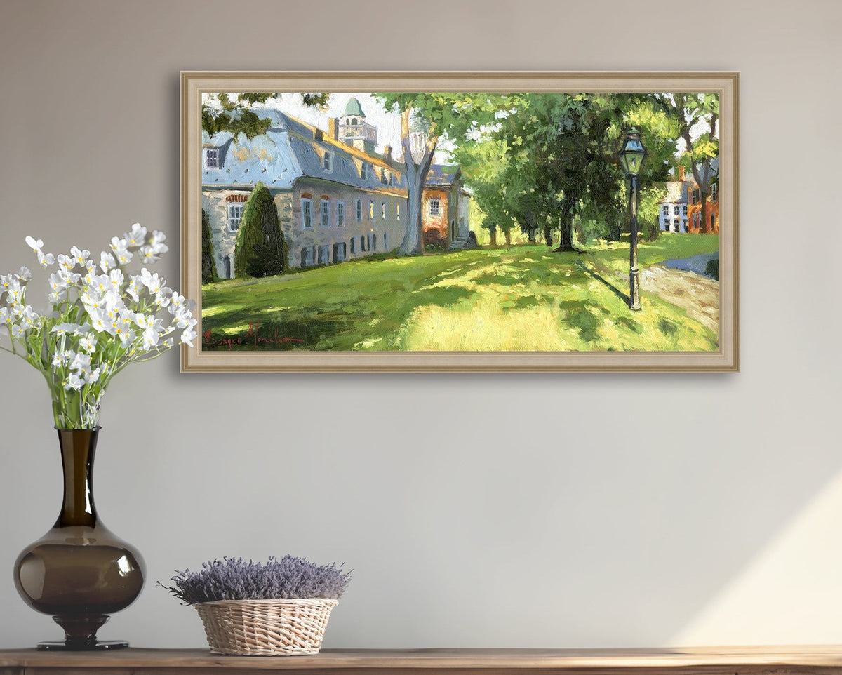 Painting of a sunlit Moravian Chapel with a lamp post and trees.