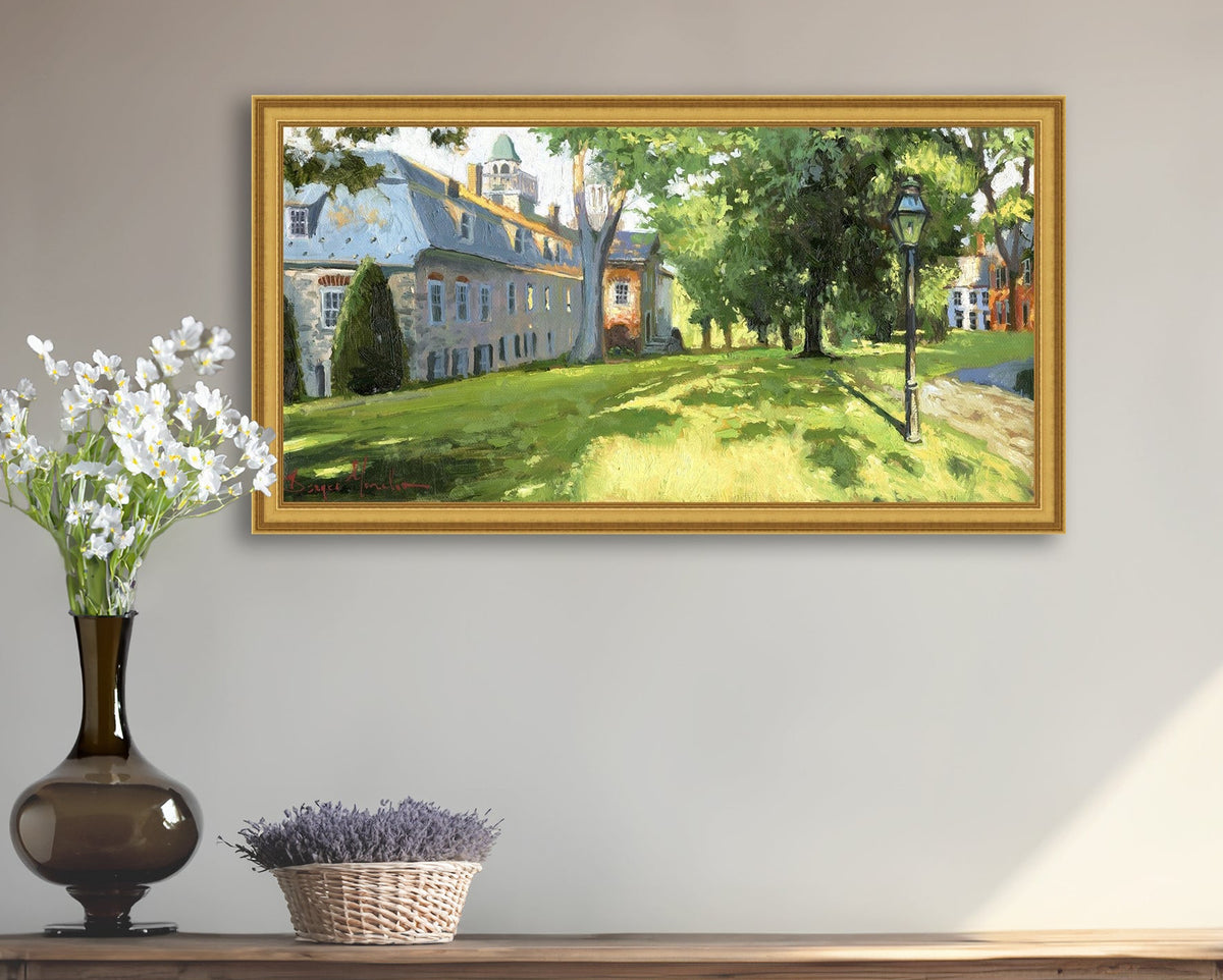 Painting of a sunlit Moravian Chapel with a lamp post and trees.