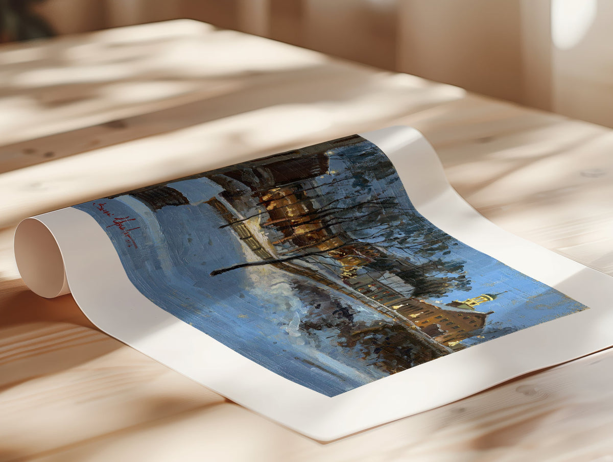 Winter scene with Moravian Church and Main Street, illuminated by lights.