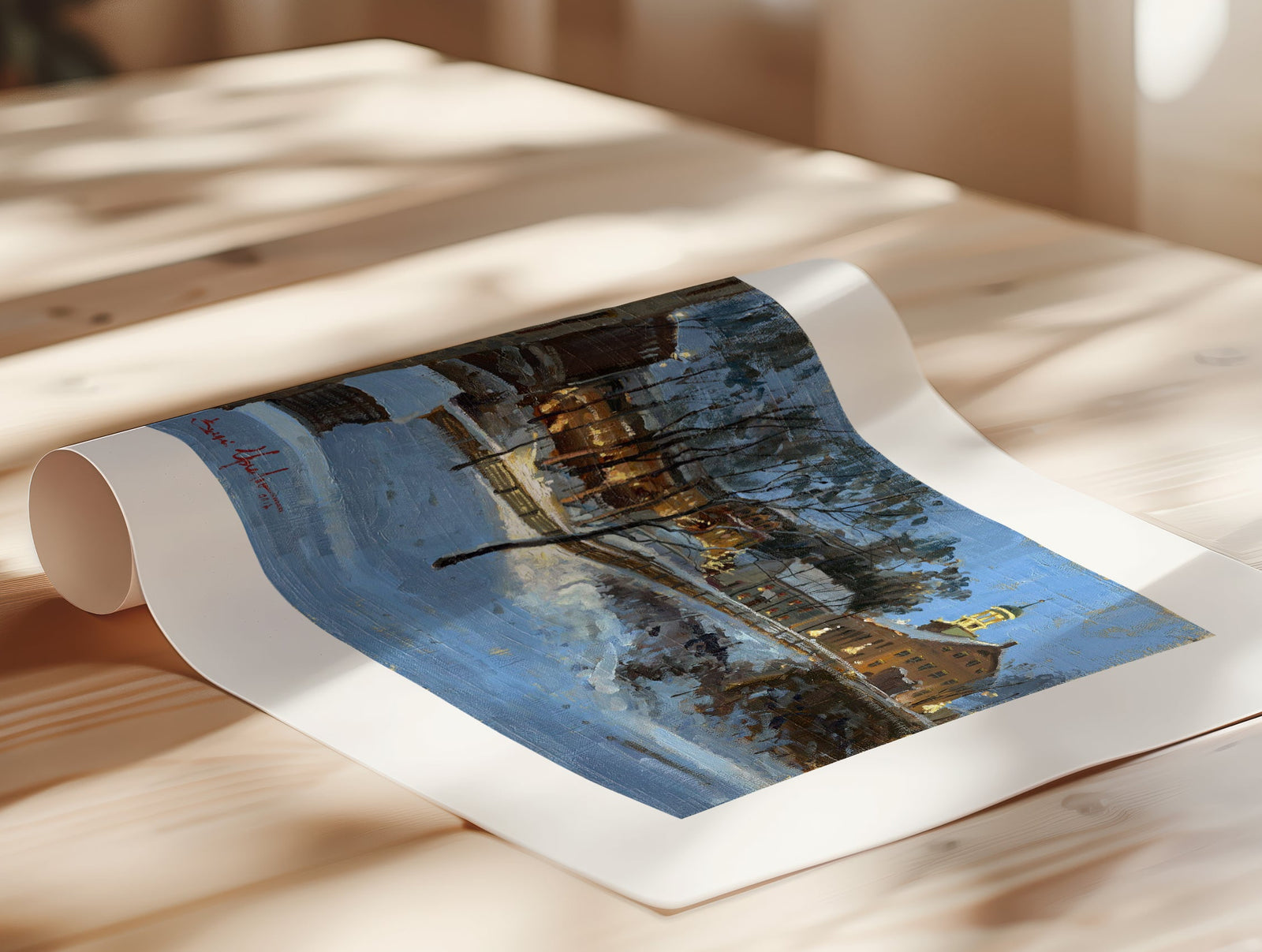 Winter scene with Moravian Church and Main Street, illuminated by lights.