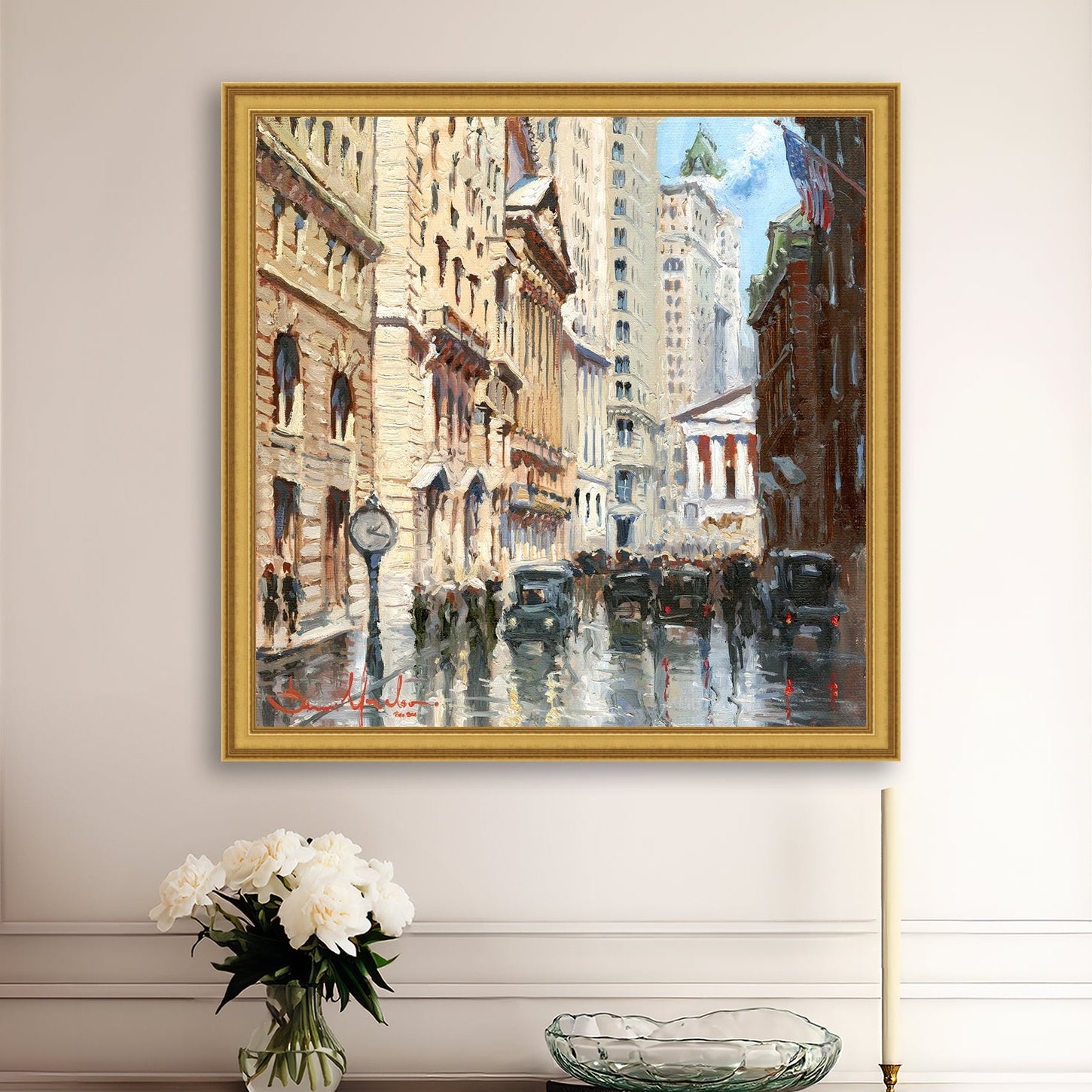 A canvas print depicting a vibrant street scene in New York City with a focus on a stock exchange building