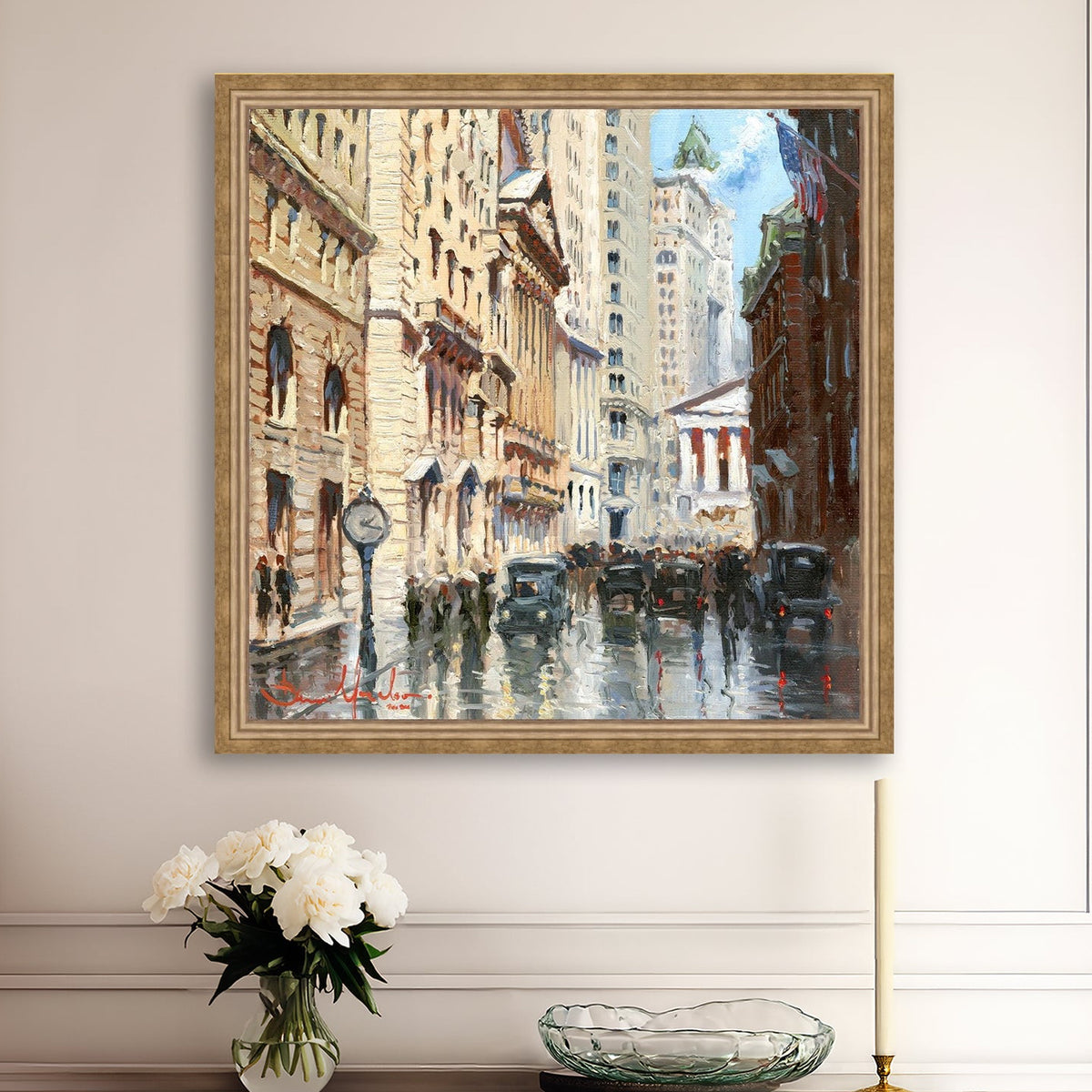 A canvas print depicting a vibrant street scene in New York City with a focus on a stock exchange building