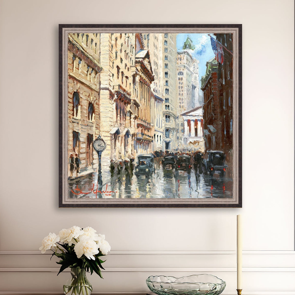 A canvas print depicting a vibrant street scene in New York City with a focus on a stock exchange building