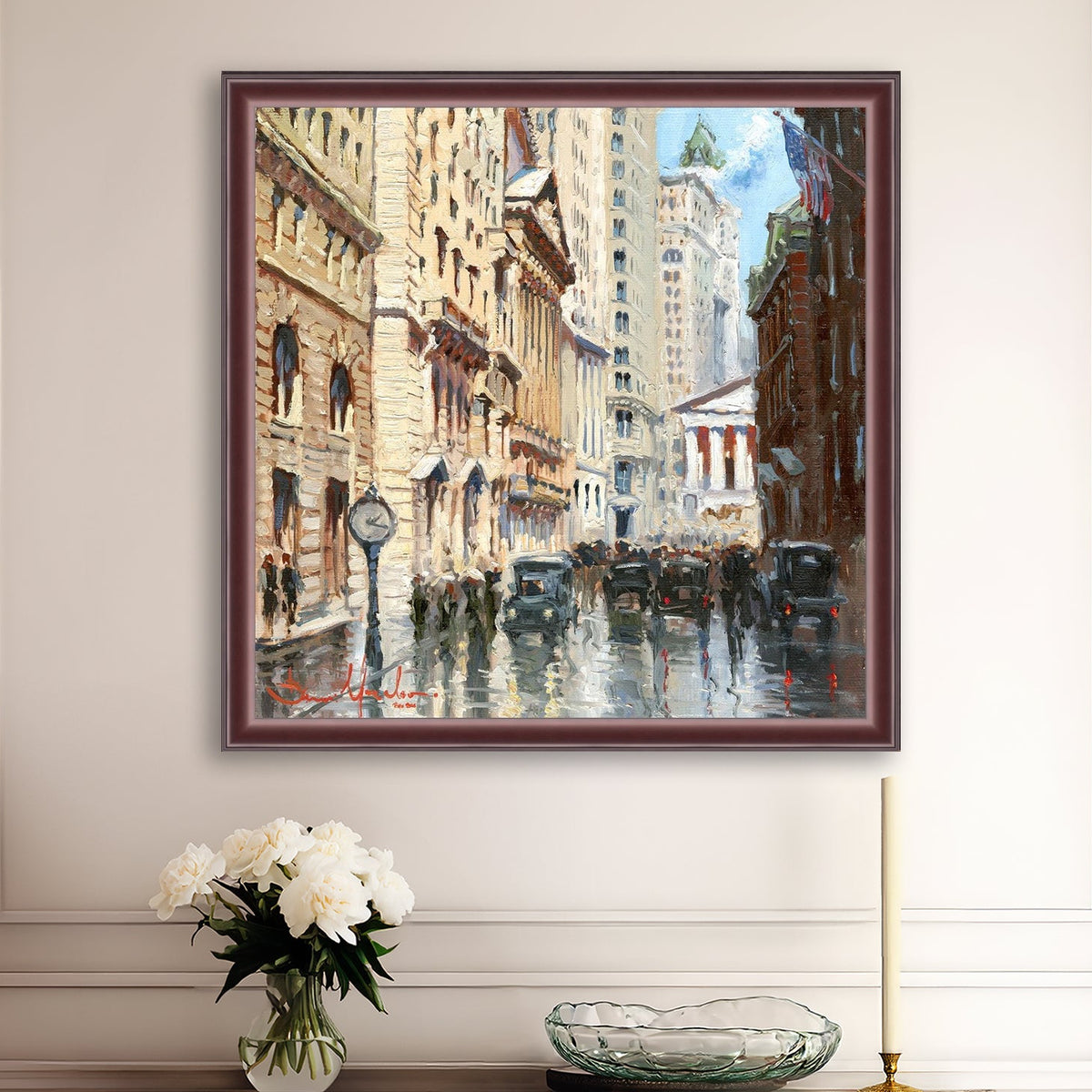 A canvas print depicting a vibrant street scene in New York City with a focus on a stock exchange building