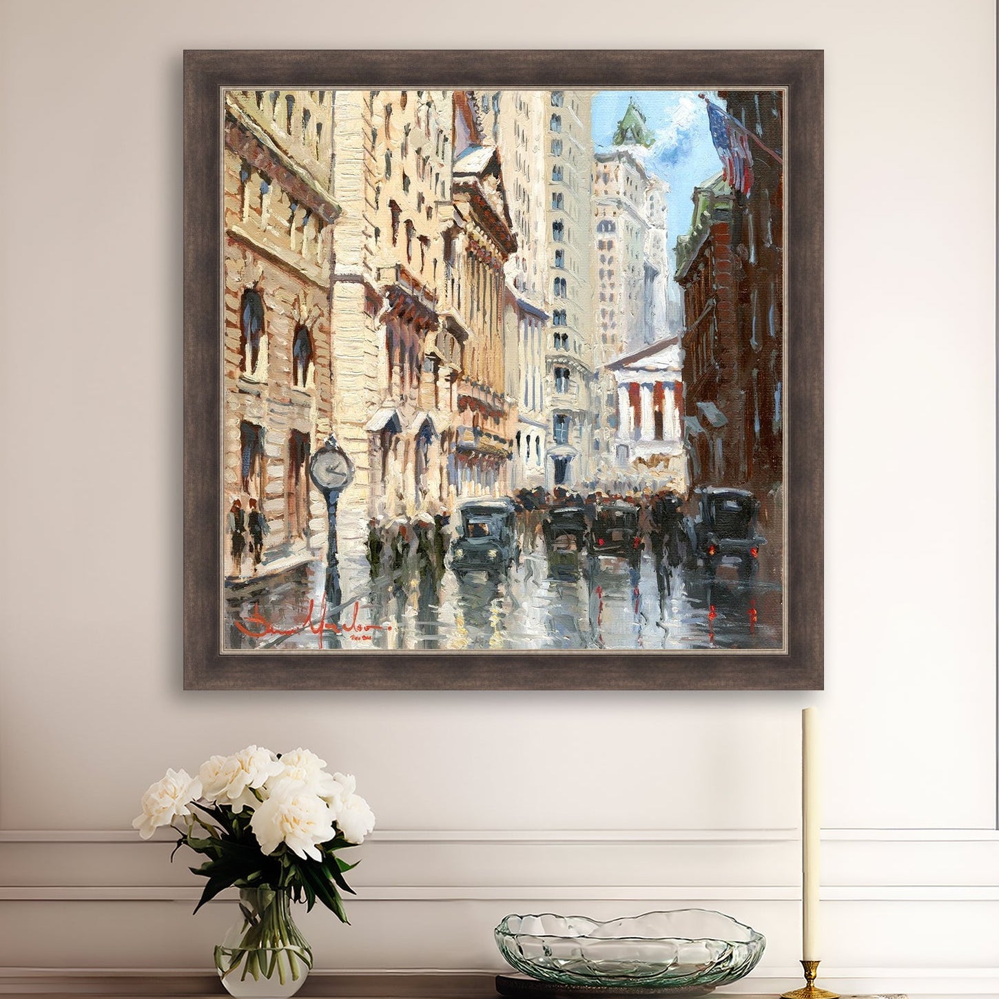 A canvas print depicting a vibrant street scene in New York City with a focus on a stock exchange building