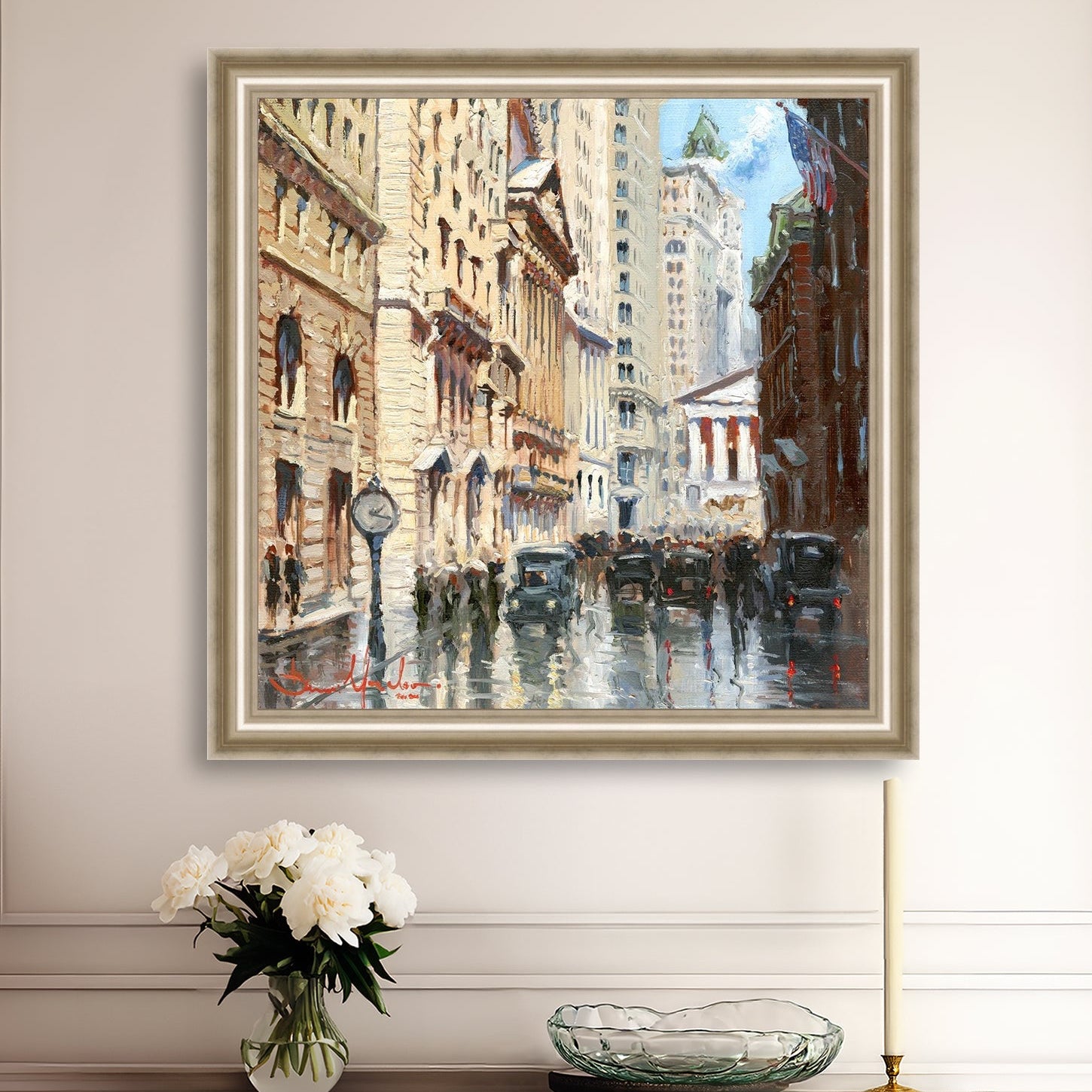 A canvas print depicting a vibrant street scene in New York City with a focus on a stock exchange building