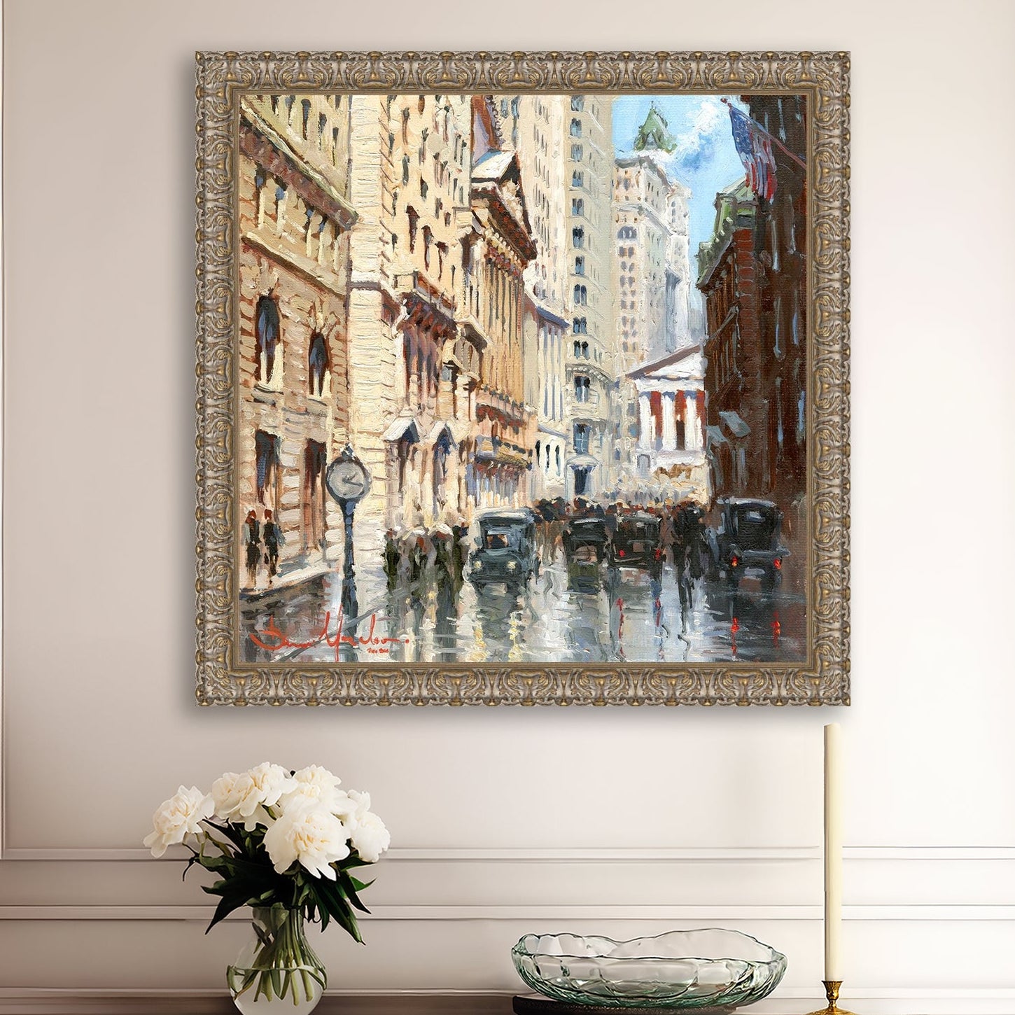 A canvas print depicting a vibrant street scene in New York City with a focus on a stock exchange building