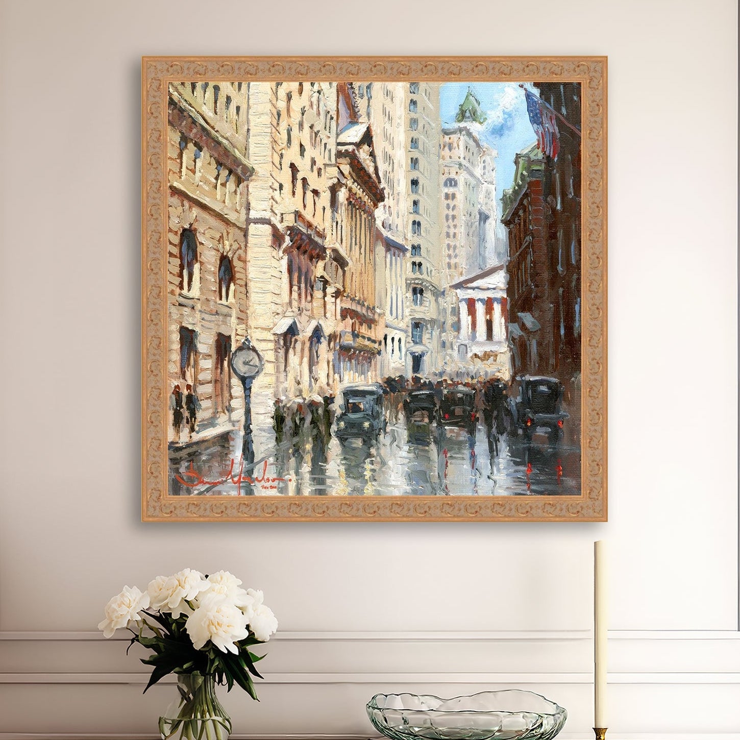 A canvas print depicting a vibrant street scene in New York City with a focus on a stock exchange building