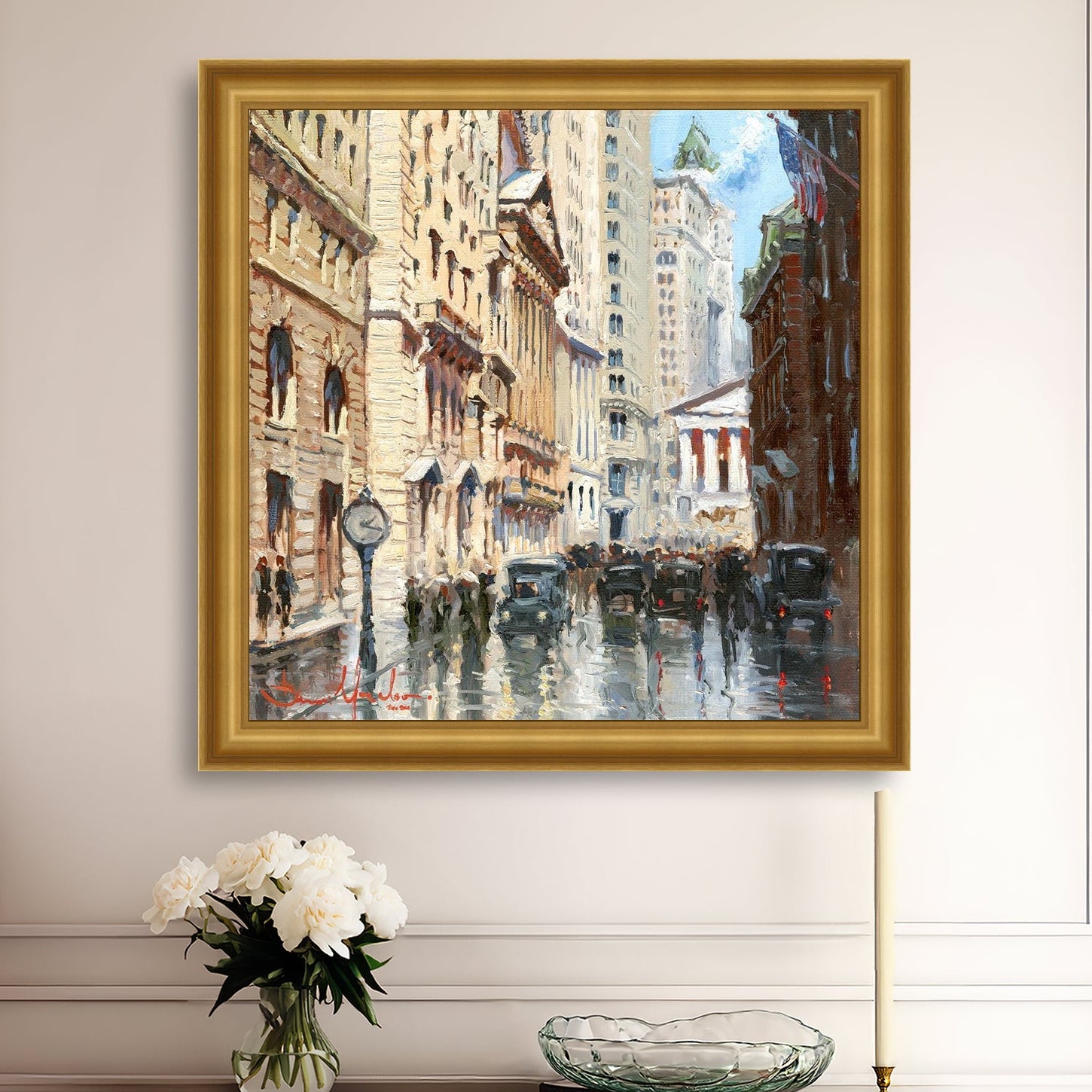A canvas print depicting a vibrant street scene in New York City with a focus on a stock exchange building