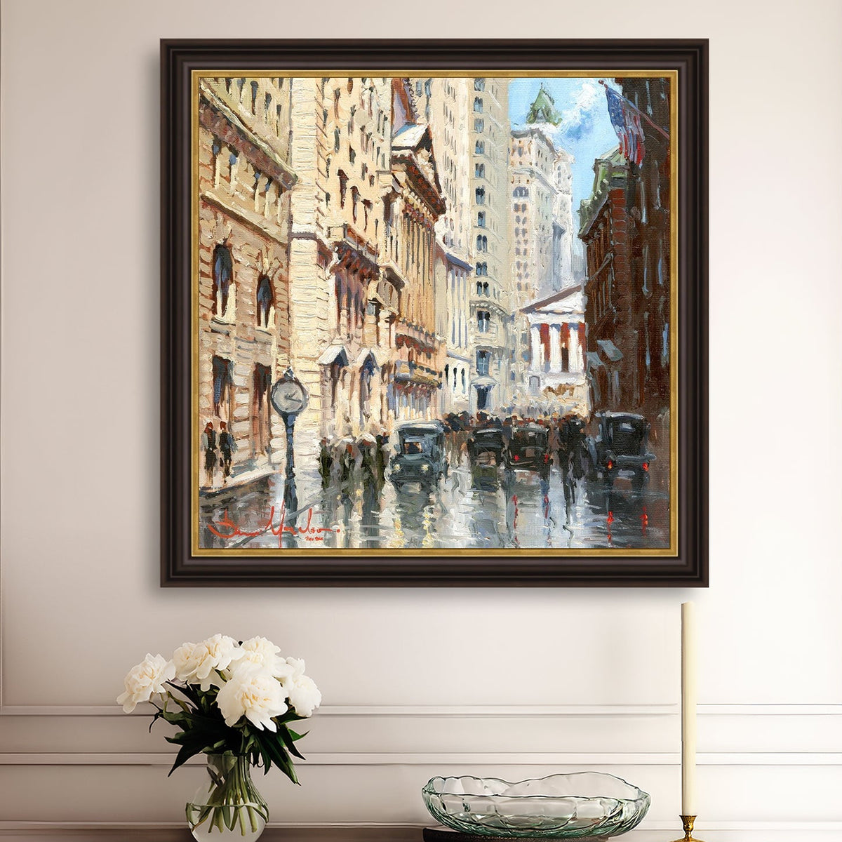 A canvas print depicting a vibrant street scene in New York City with a focus on a stock exchange building