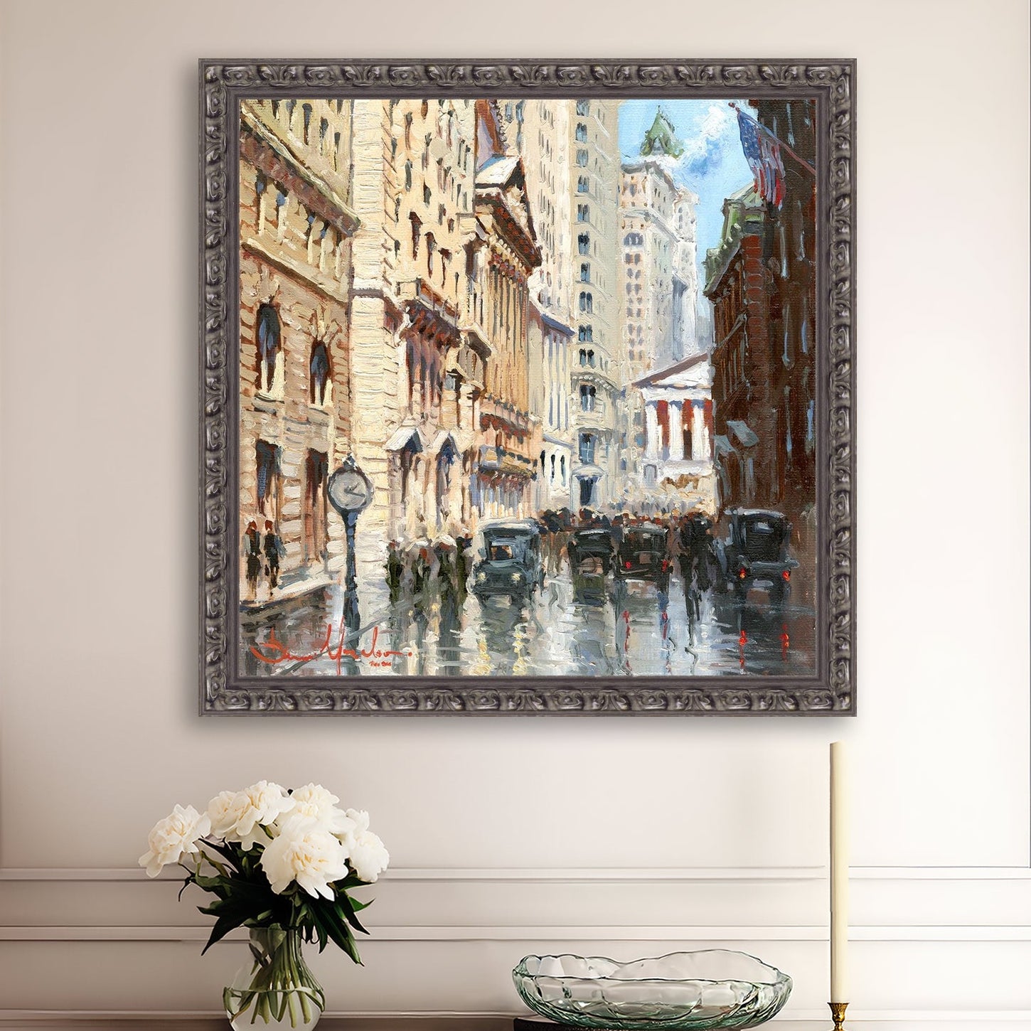 A canvas print depicting a vibrant street scene in New York City with a focus on a stock exchange building