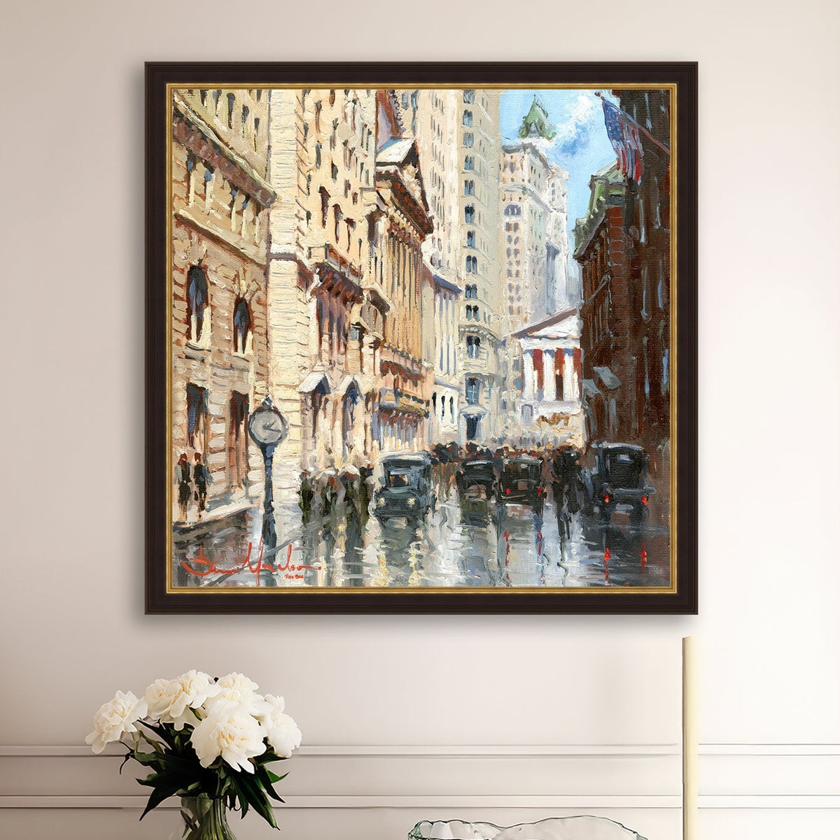 A canvas print depicting a vibrant street scene in New York City with a focus on a stock exchange building