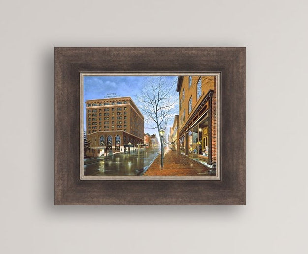 Main Street scene with  Hotel Bethlehem and Moravian Book Shop 