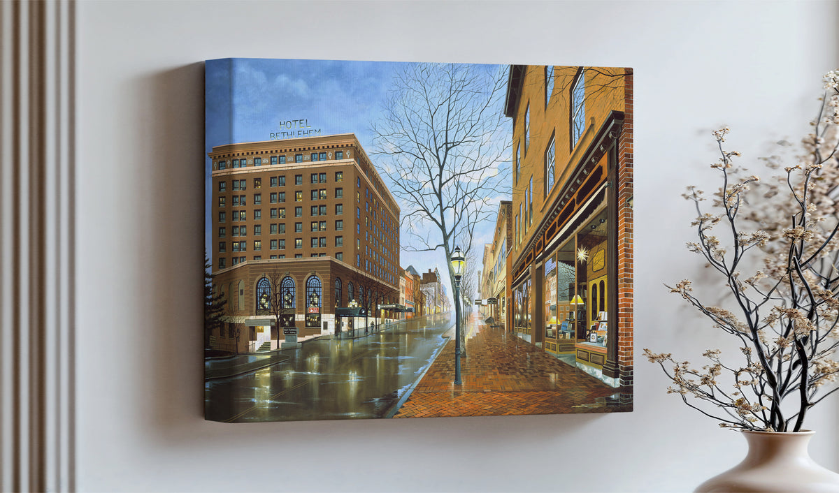 Main Street scene with  Hotel Bethlehem and Moravian Book Shop 