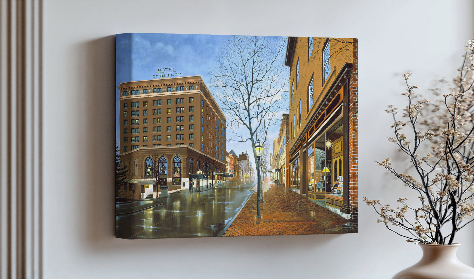 Main Street scene with  Hotel Bethlehem and Moravian Book Shop 