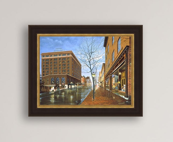 Main Street scene with  Hotel Bethlehem and Moravian Book Shop 