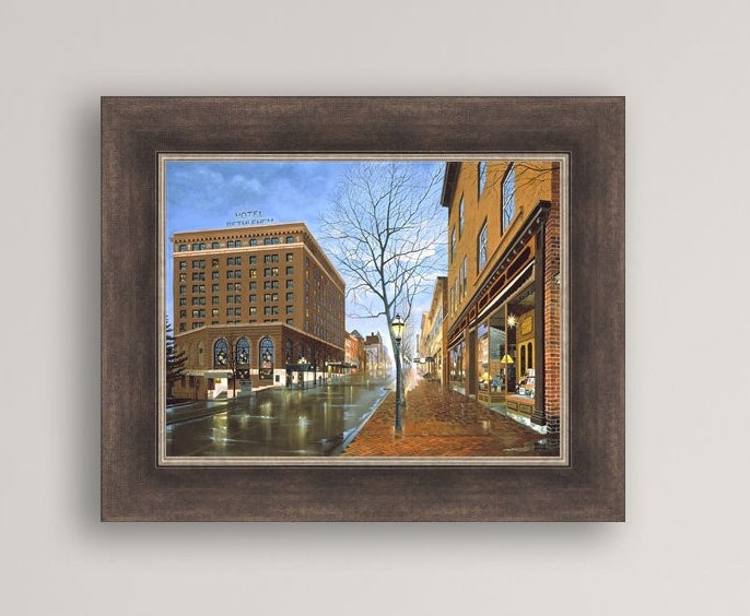 Main Street scene with  Hotel Bethlehem and Moravian Book Shop 