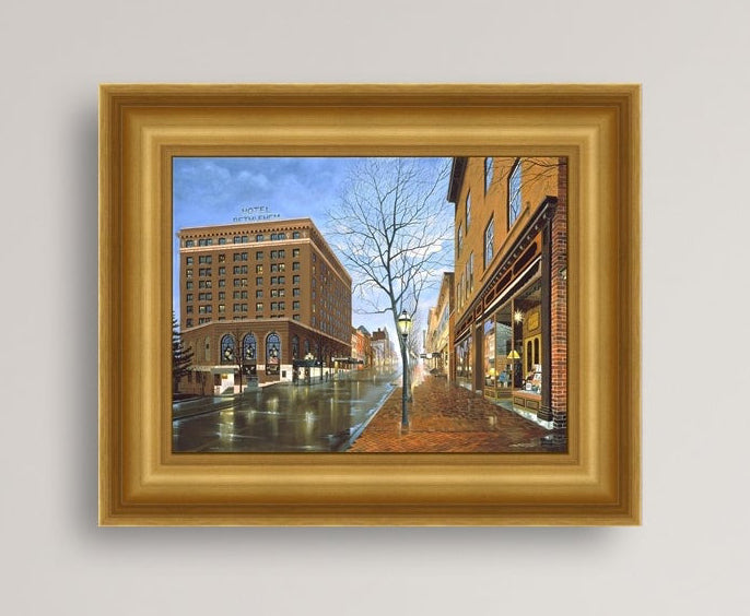 Main Street scene with  Hotel Bethlehem and Moravian Book Shop 