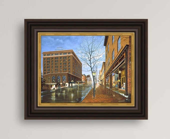 Main Street scene with  Hotel Bethlehem and Moravian Book Shop 