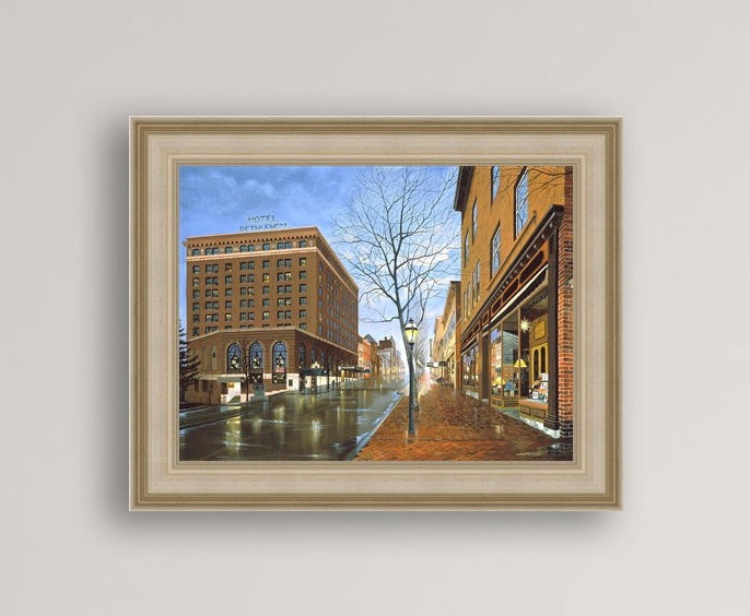 Main Street scene with  Hotel Bethlehem and Moravian Book Shop 