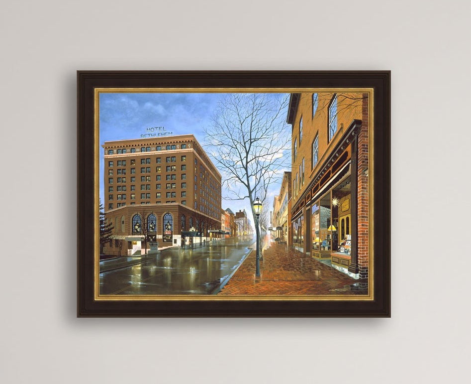 Main Street scene with  Hotel Bethlehem and Moravian Book Shop 