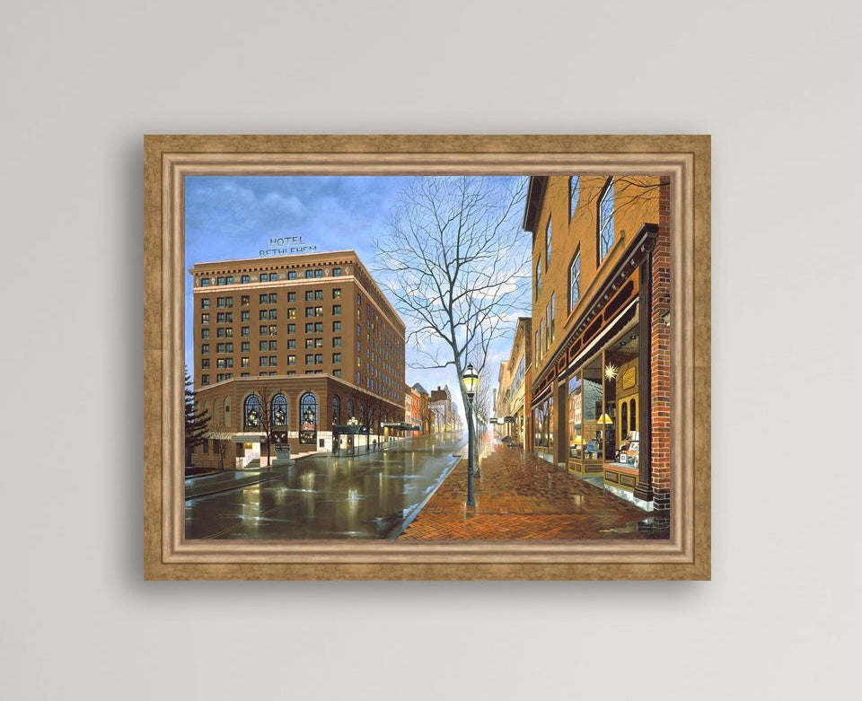 Main Street scene with  Hotel Bethlehem and Moravian Book Shop 