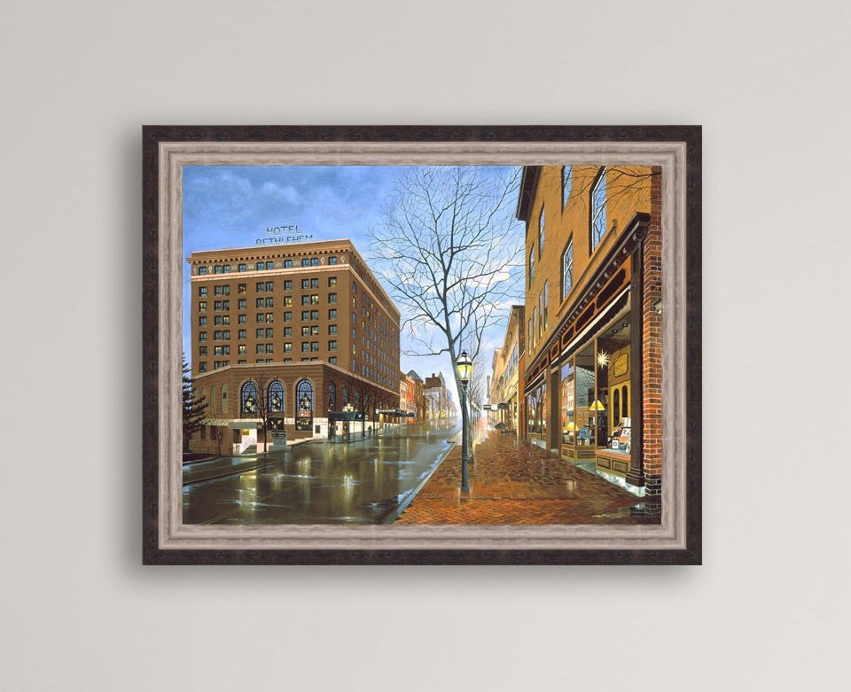 Main Street scene with  Hotel Bethlehem and Moravian Book Shop 