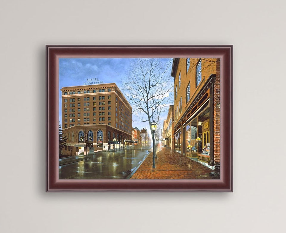 Main Street scene with  Hotel Bethlehem and Moravian Book Shop 