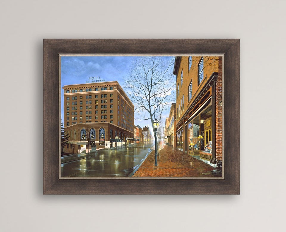 Main Street scene with  Hotel Bethlehem and Moravian Book Shop 