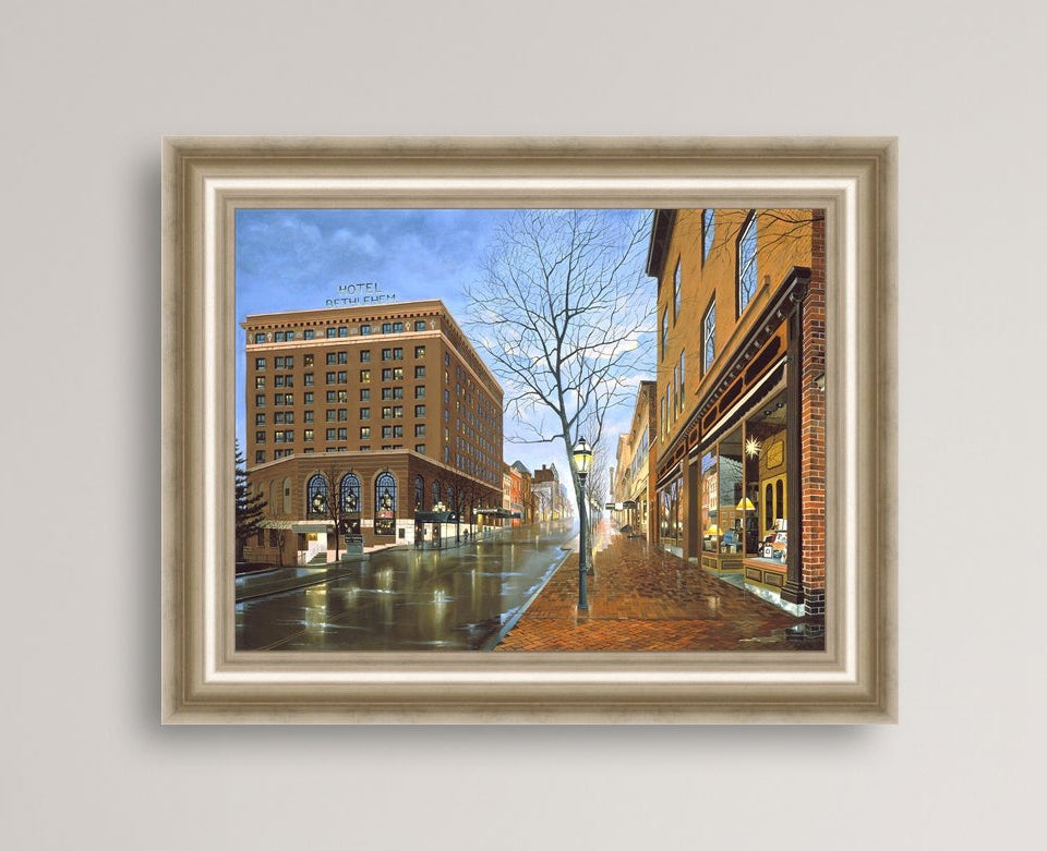 Main Street scene with  Hotel Bethlehem and Moravian Book Shop 