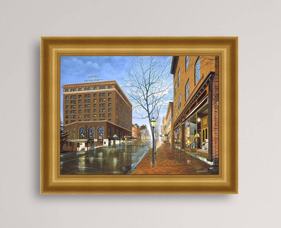 Main Street scene with  Hotel Bethlehem and Moravian Book Shop 