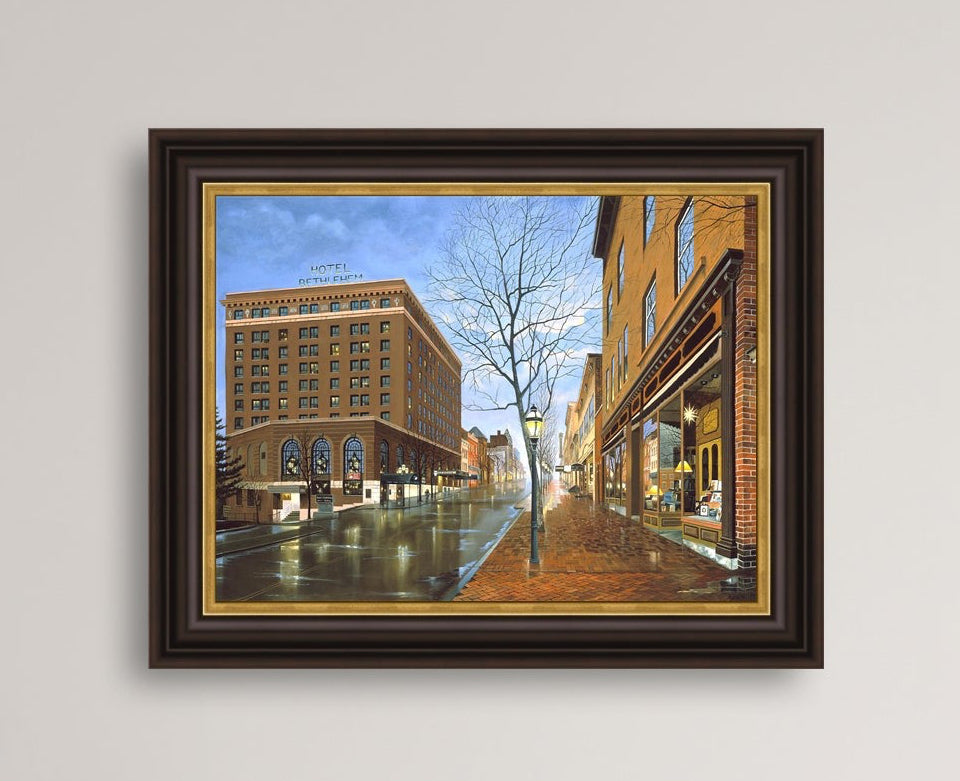 Main Street scene with  Hotel Bethlehem and Moravian Book Shop 