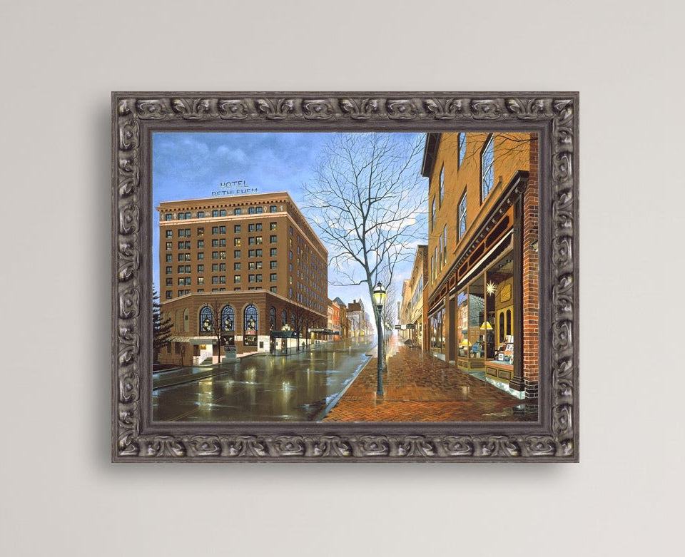 Main Street scene with  Hotel Bethlehem and Moravian Book Shop 