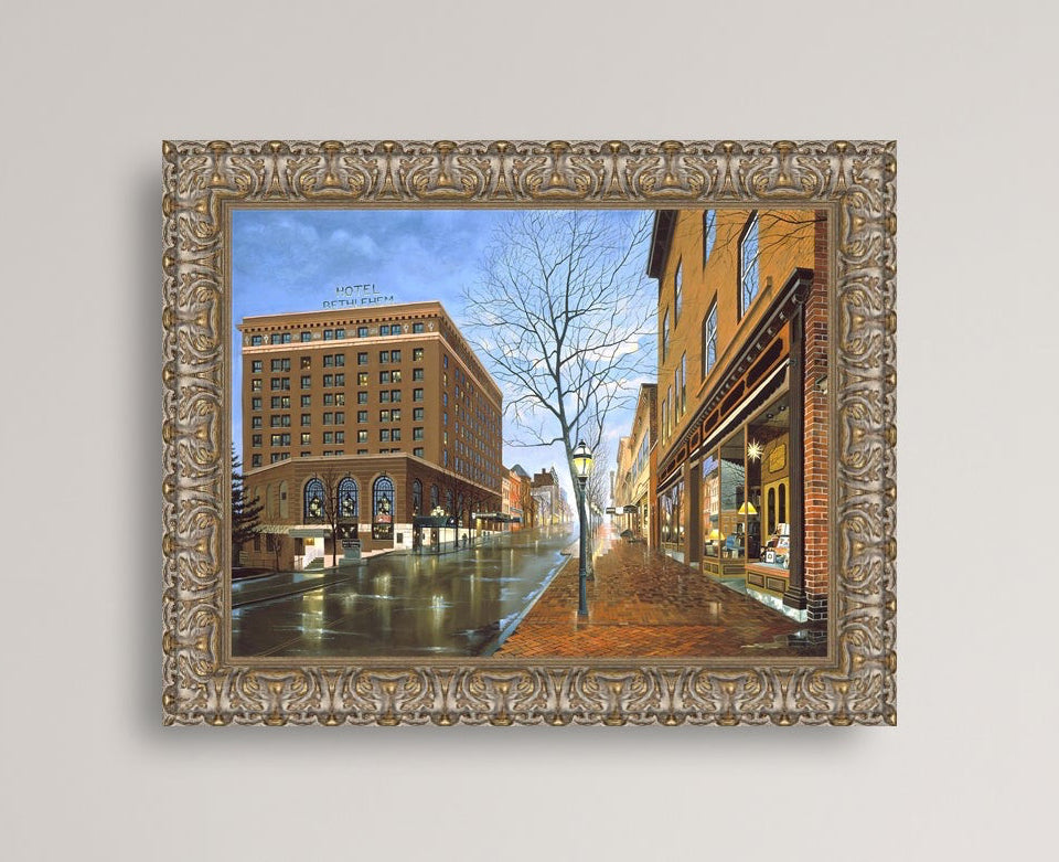 Main Street scene with  Hotel Bethlehem and Moravian Book Shop 