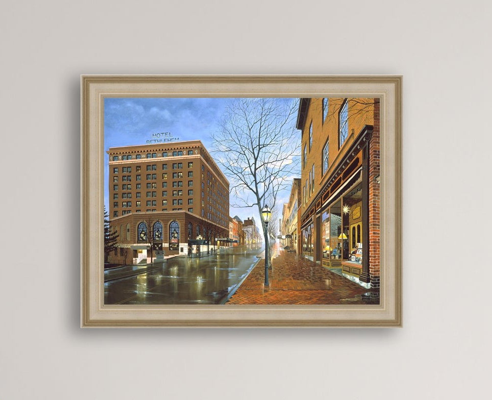 Main Street scene with  Hotel Bethlehem and Moravian Book Shop 