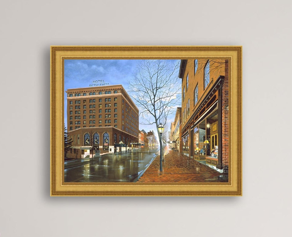 Main Street scene with  Hotel Bethlehem and Moravian Book Shop 