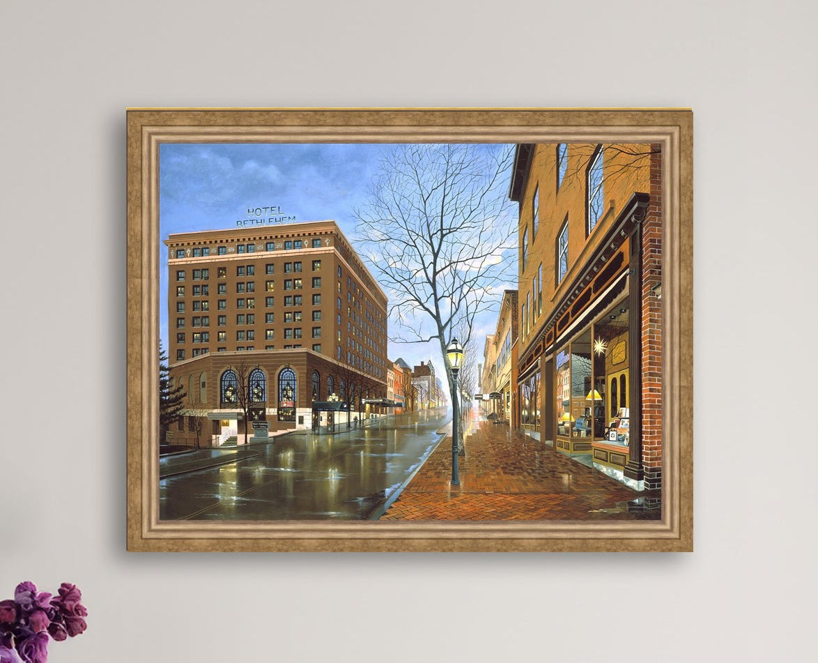 Main Street scene with  Hotel Bethlehem and Moravian Book Shop 